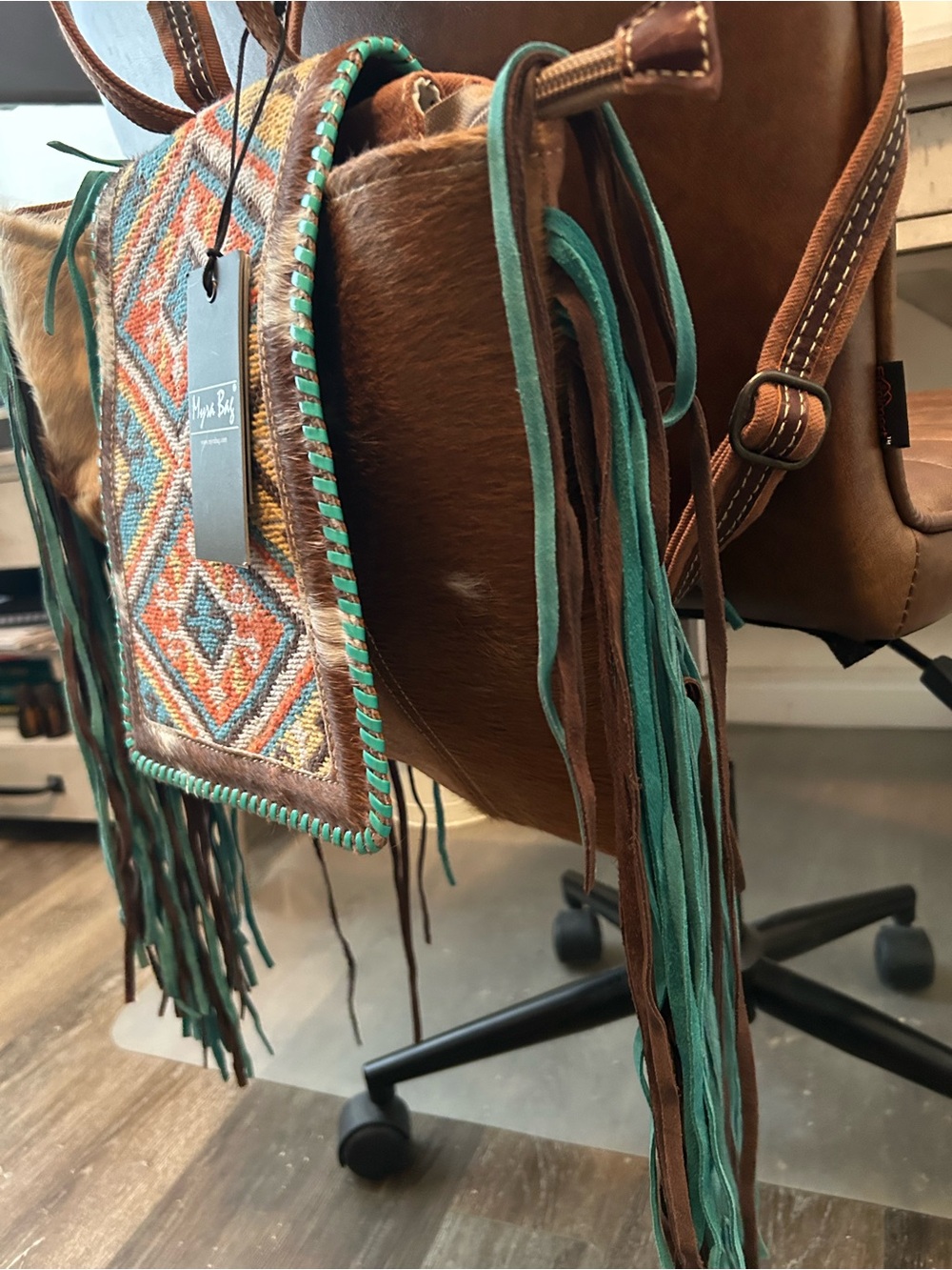 Myra bag Hair on Hide & Fringe Turquoise & Brown Southwestern backpack NEW - Picture 4 of 7